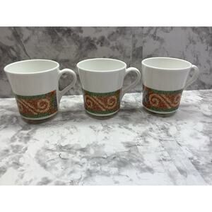 3 Corelle Sand Art Coffee Mugs.  Coral, Blue & Green Geometric Design - Preowned